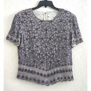 Papell Boutique Evening Beaded Top Floral Mesh Gray Sz L Vintage Formal Casual
